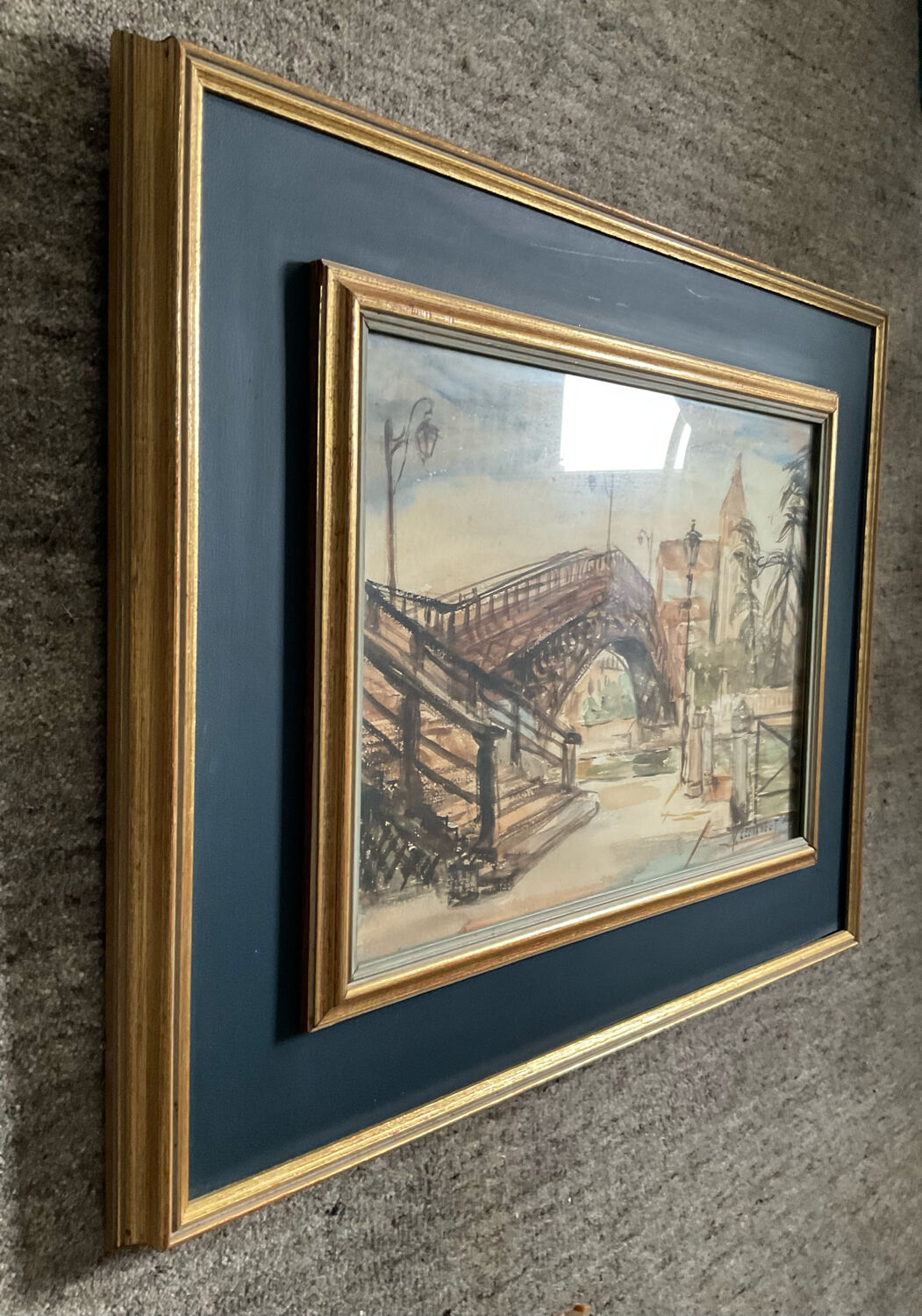 Tableau aquarelle signée avec cadre en bois doré