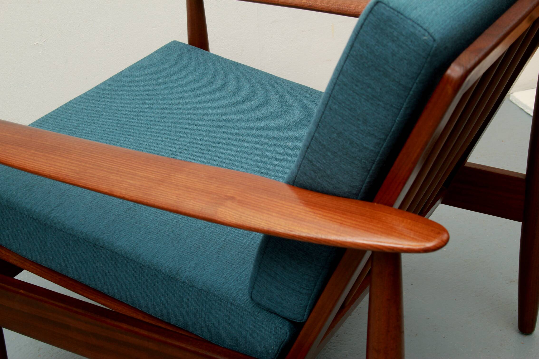 1960s armchair in teak, cushions petrol