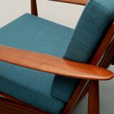 1960s armchair in teak, cushions petrol