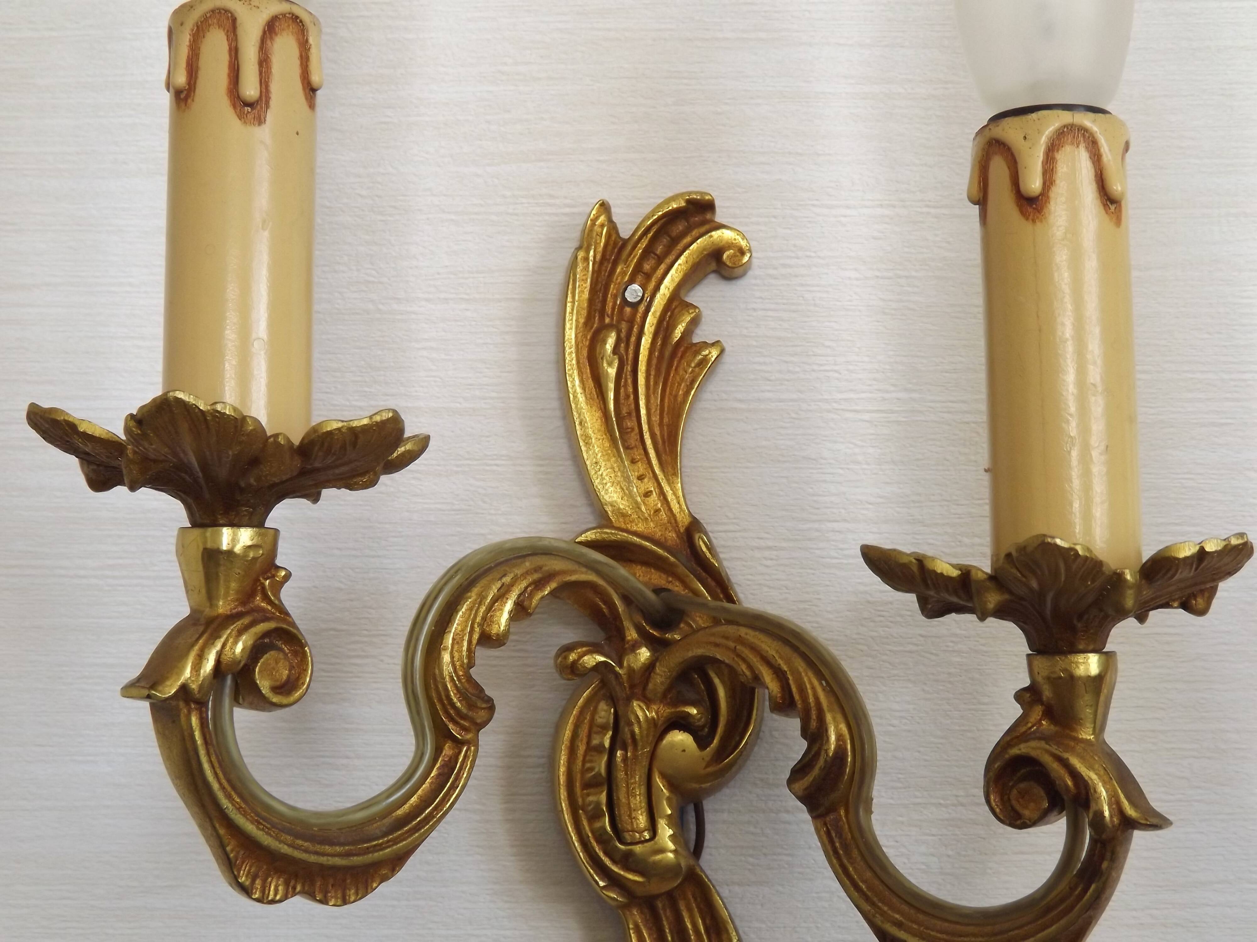 Stylish Vintage French Bronze Double Wall Sconces with Acanthus Leaf Detail