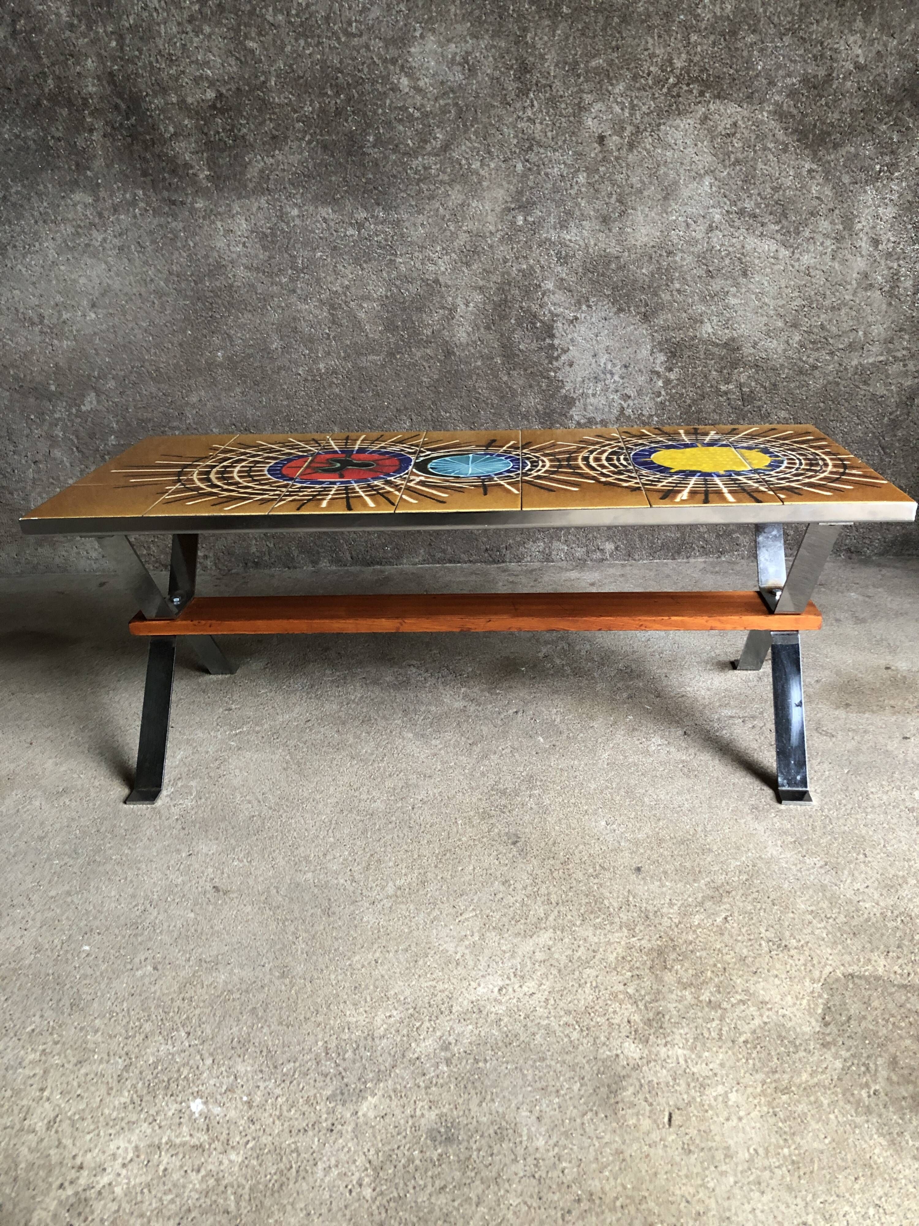 Ceramic coffee table and chrome and wood legs, Juliette Belarti, 1960