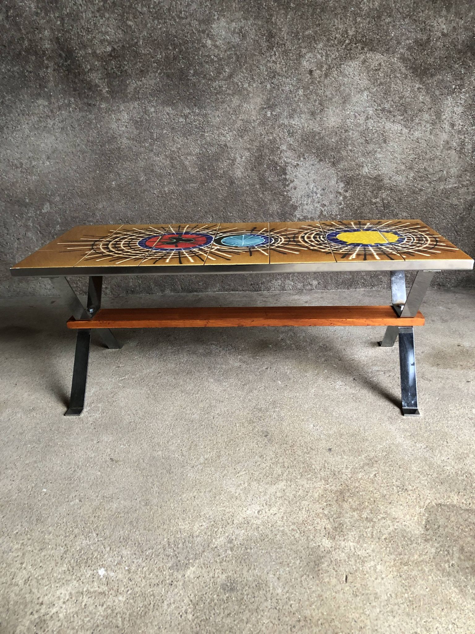 Ceramic coffee table and chrome and wood legs, Juliette Belarti, 1960