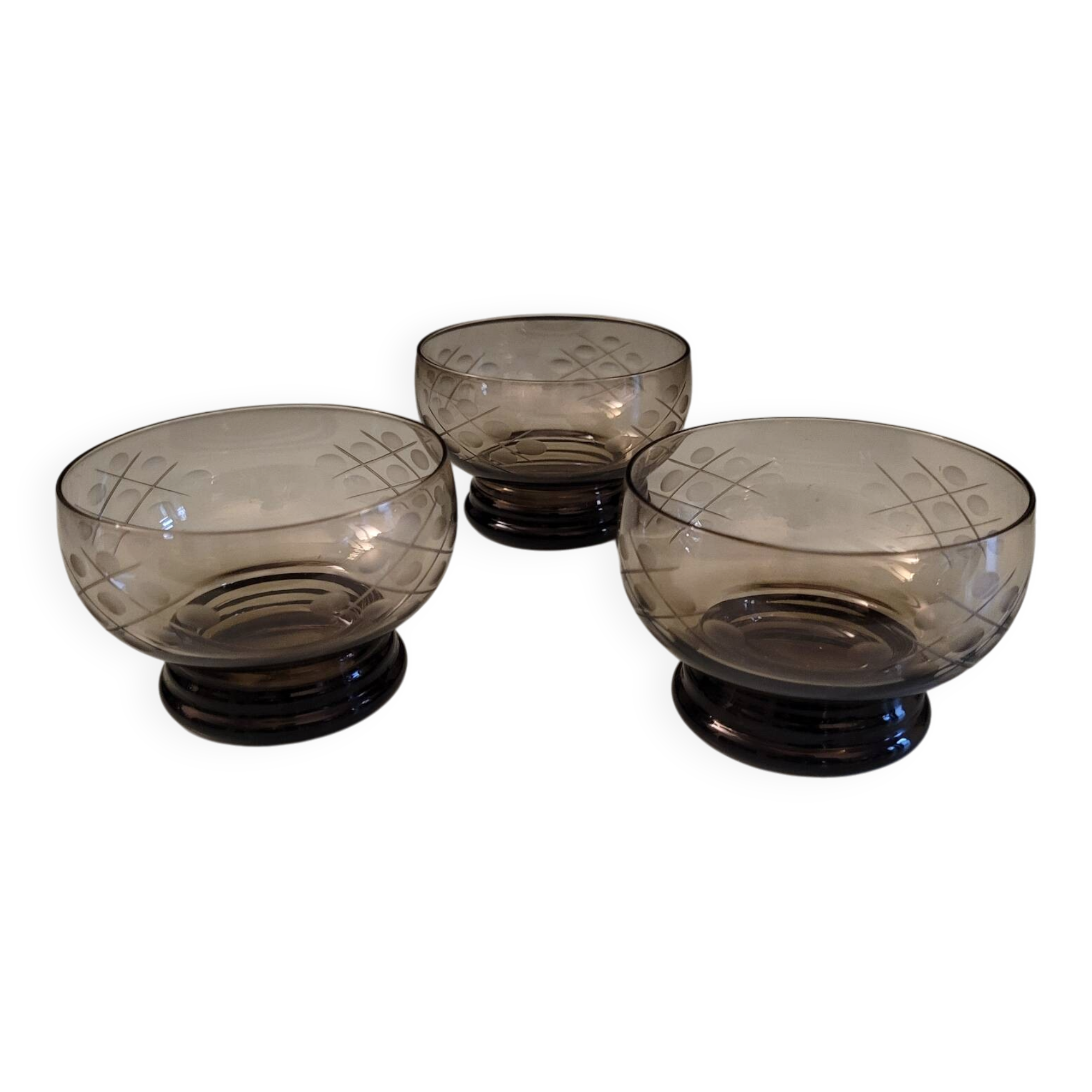3 etched smoked glass bowls – Art Deco style – France, 1950s