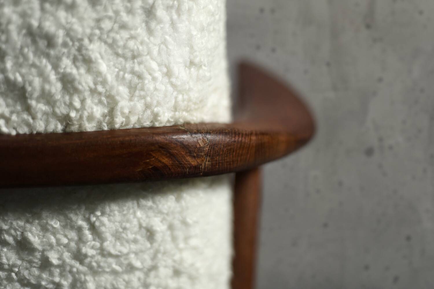 Vintage Mid-Century Scandinavian Modern White Boucle &Teak High Armchair