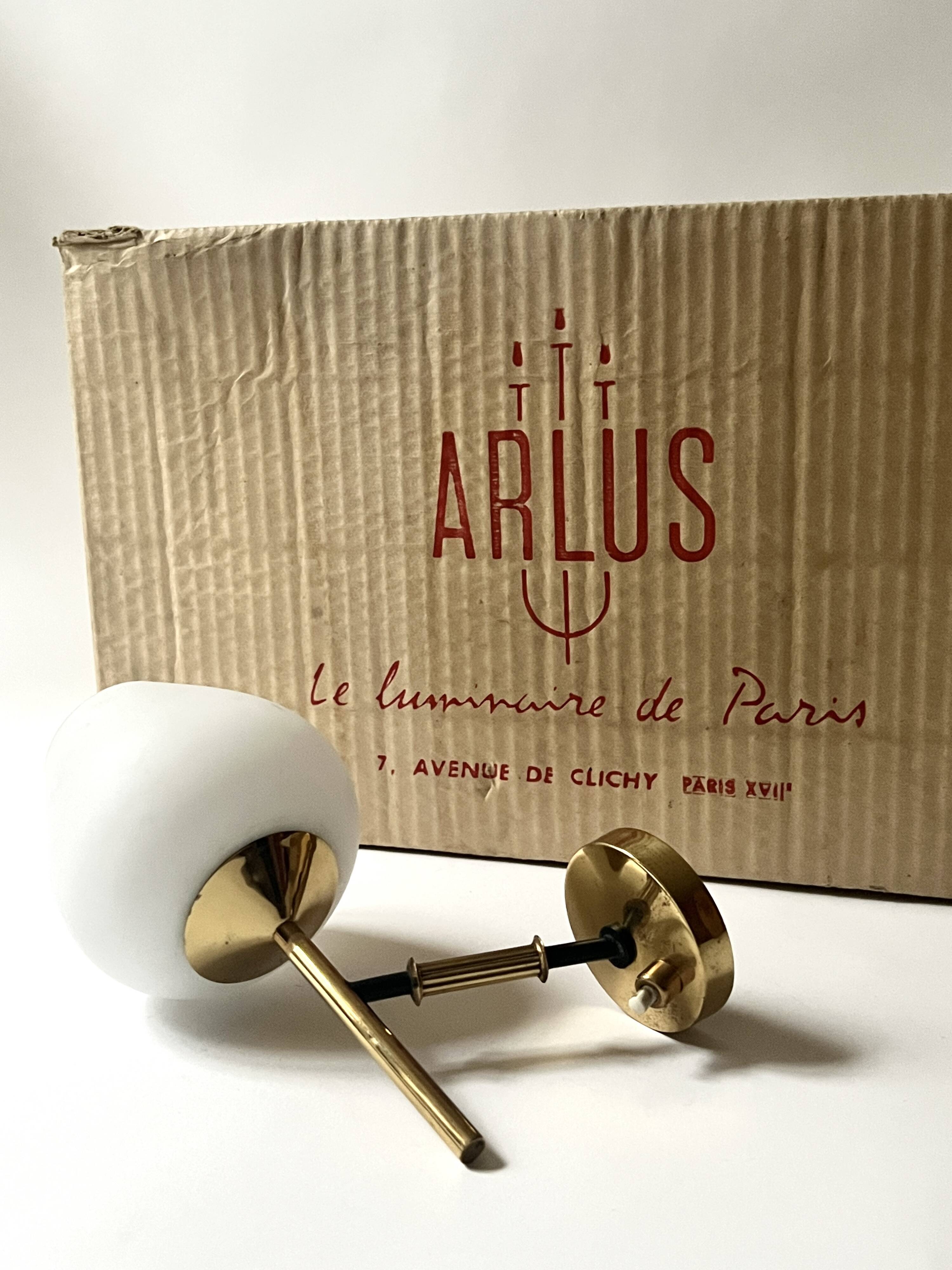 Brass and white opaline glass wall light, Arlus design 1950.