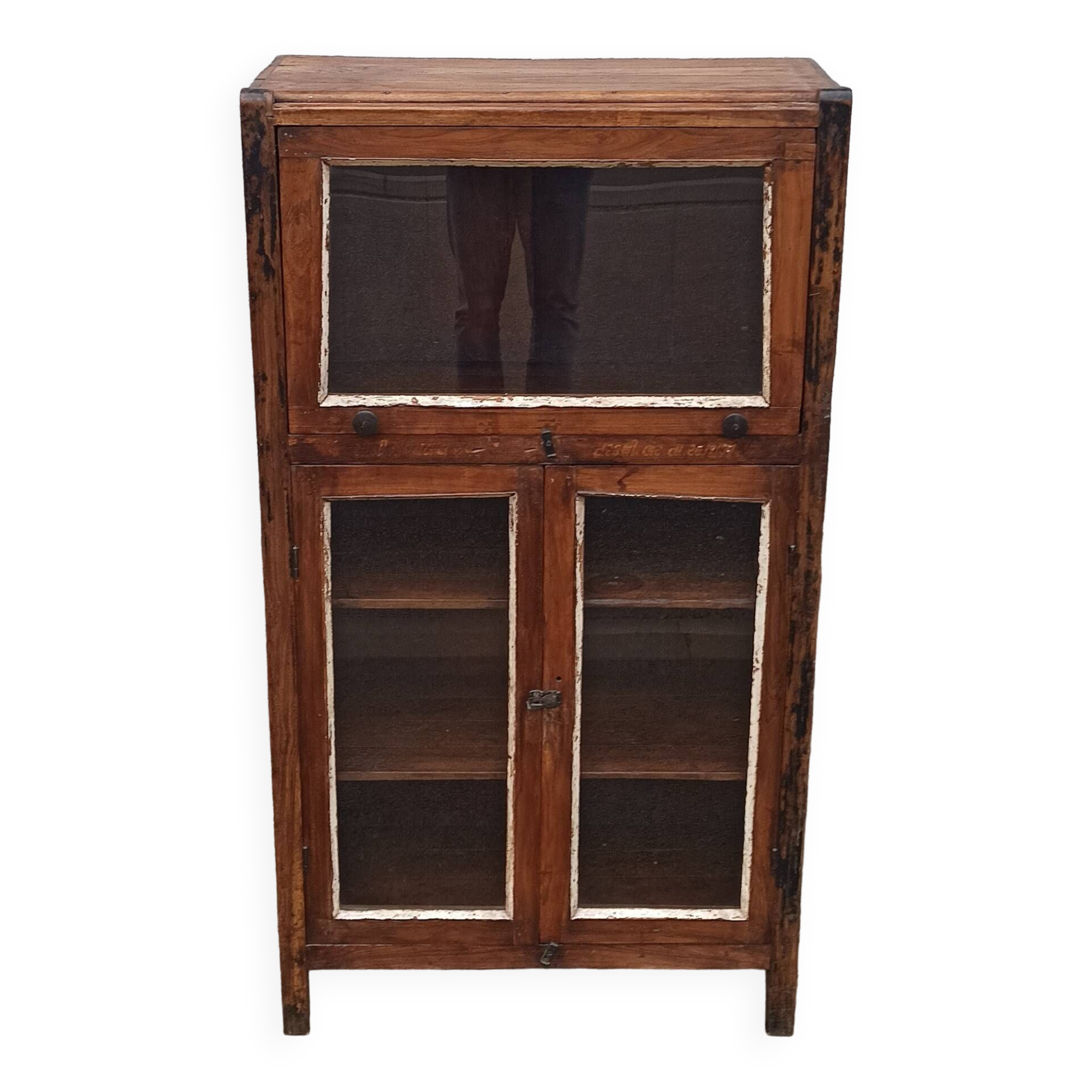 Small wooden glass cabinet with retractable door