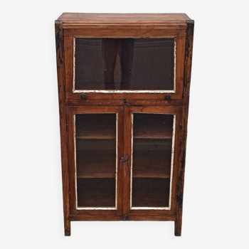 Small wooden glass cabinet with retractable door