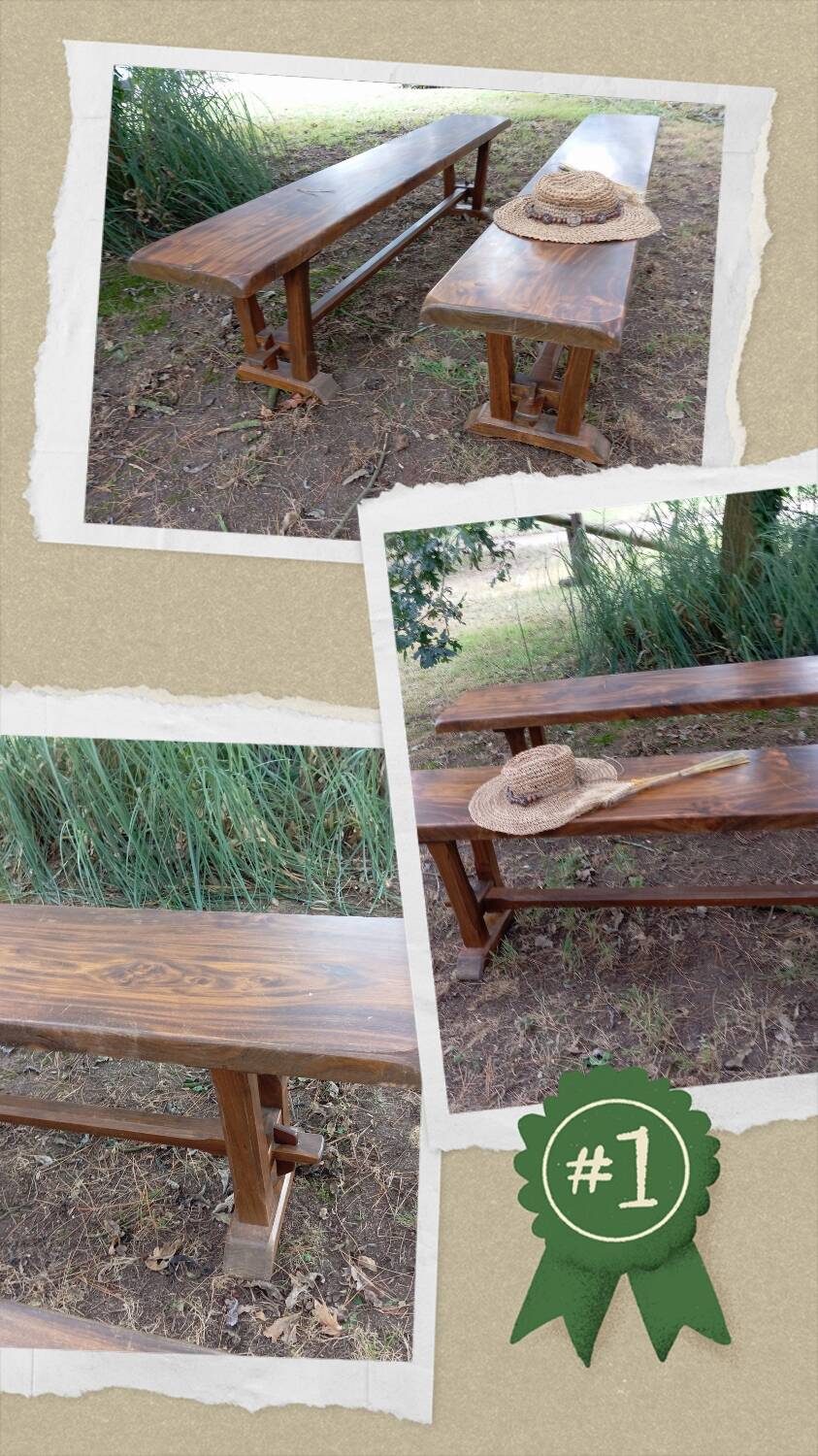 Pair of solid cherry wood farmhouse benches, 1950/60