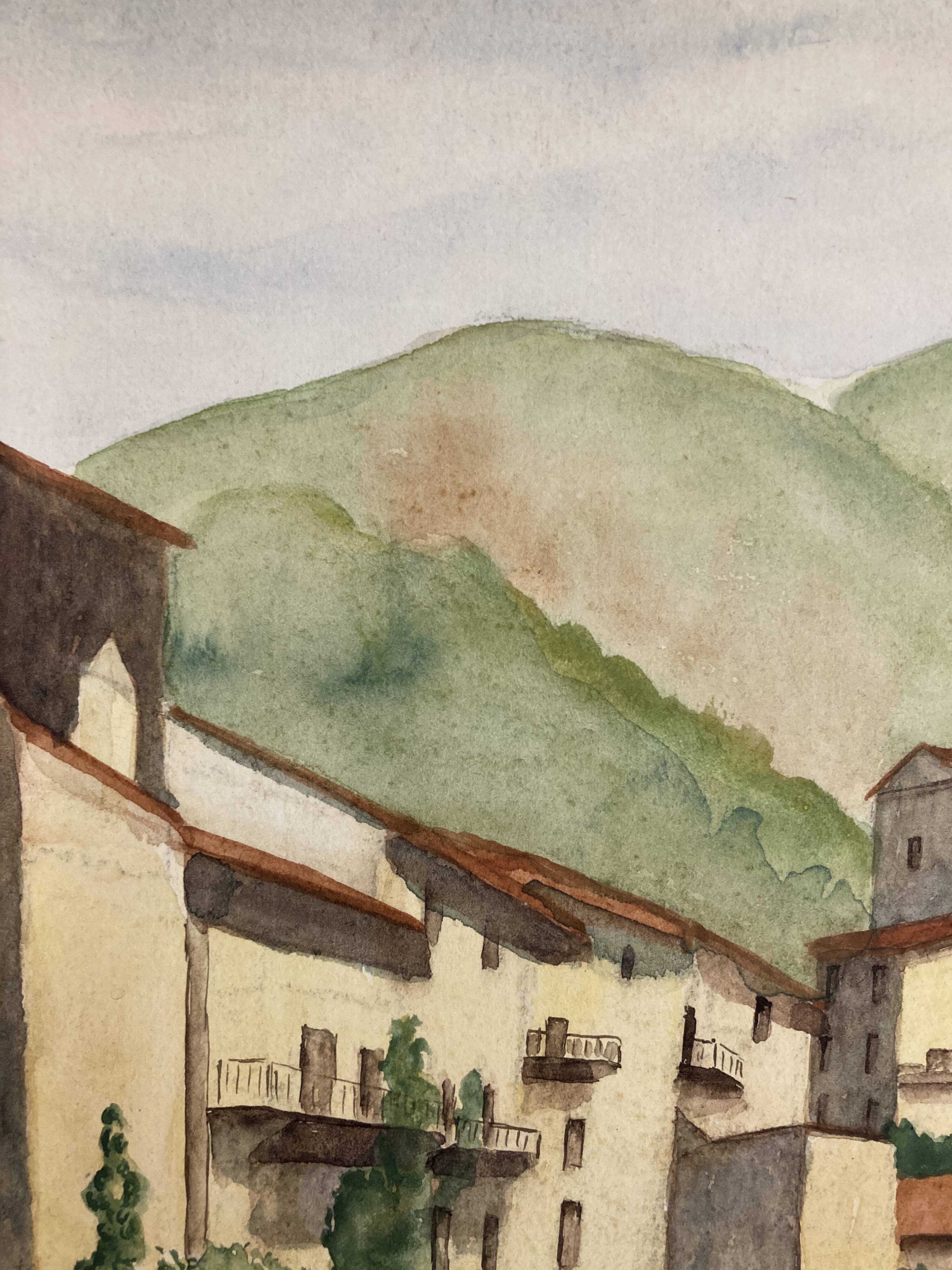 Signed watercolor of landscape with bell tower