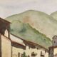 Signed watercolor of landscape with bell tower