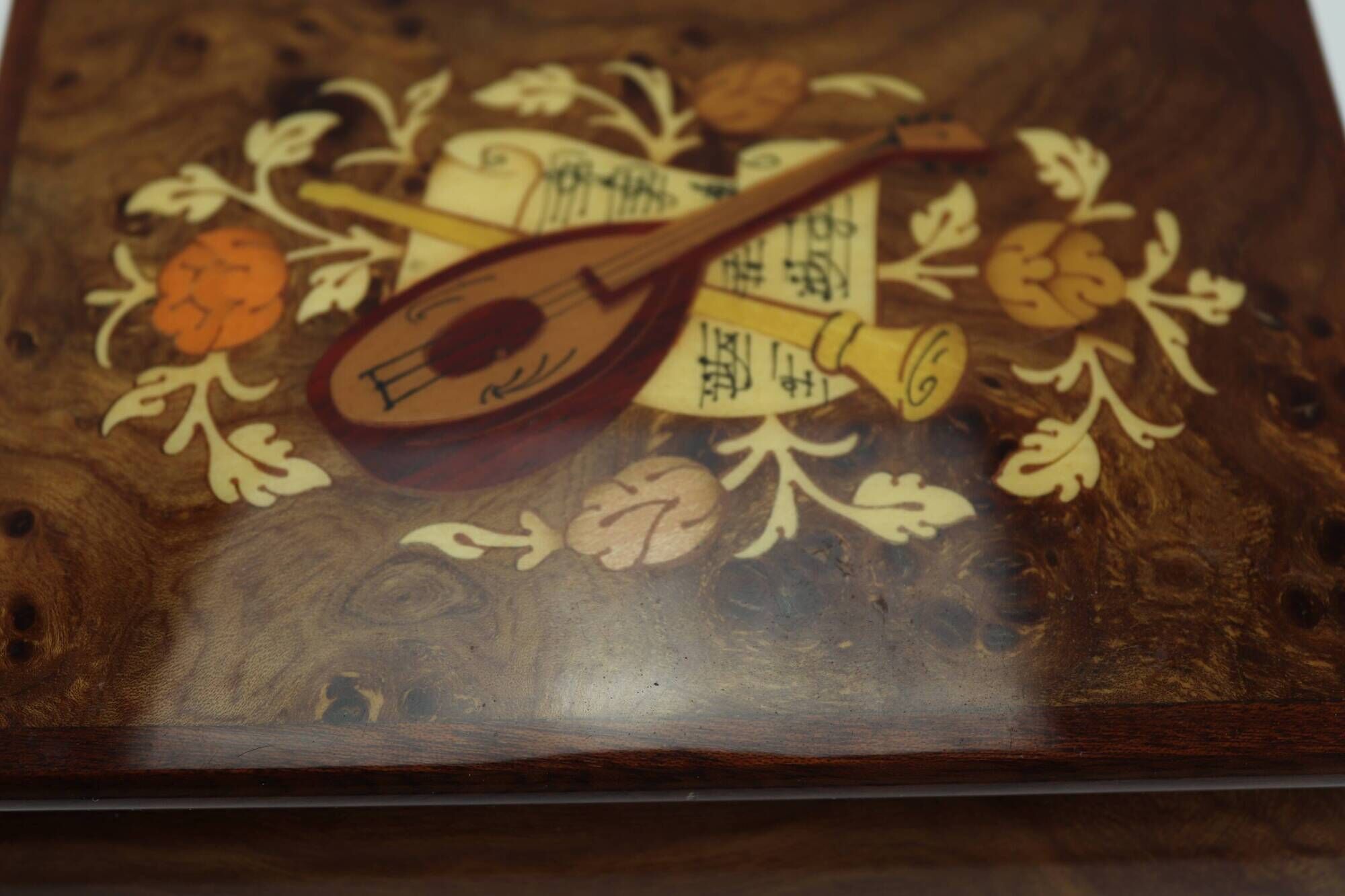 Vintage musical jewelry box in inlaid wood