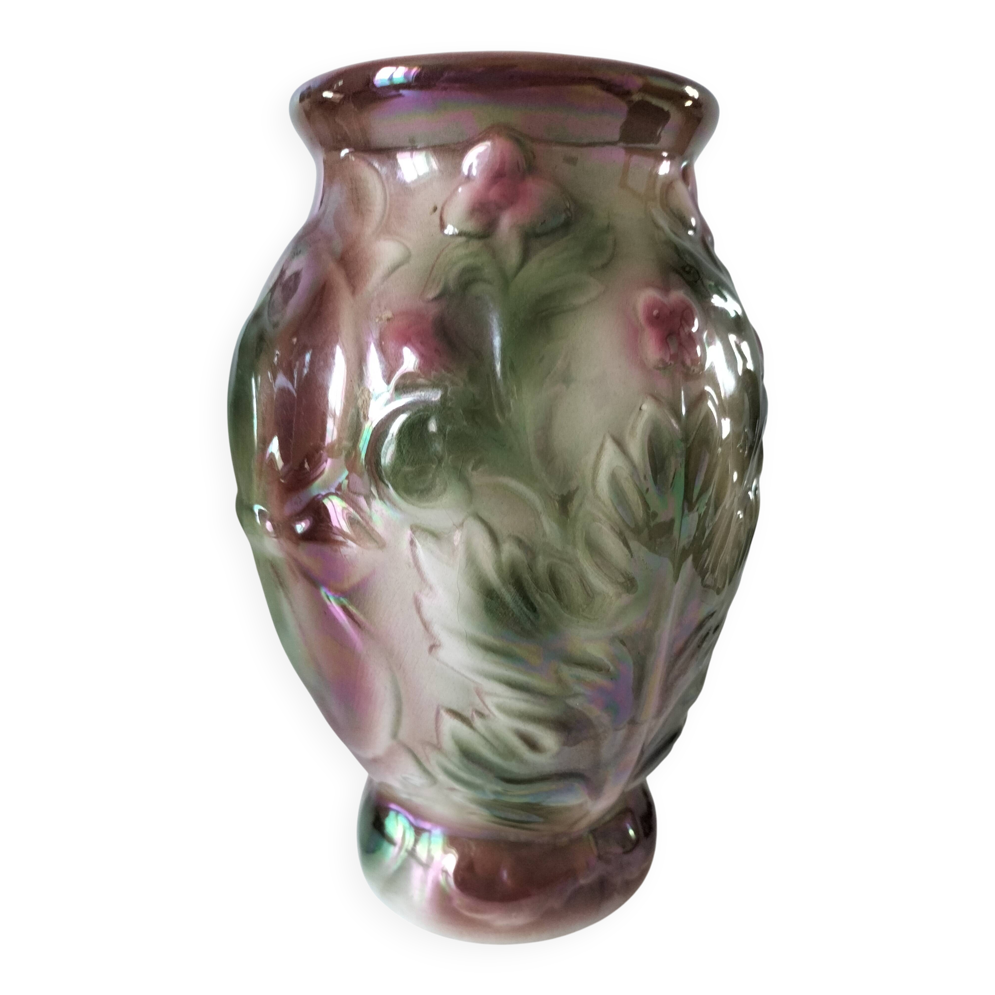 Vintage iridescent molded earthenware vase – 1950s/1960s