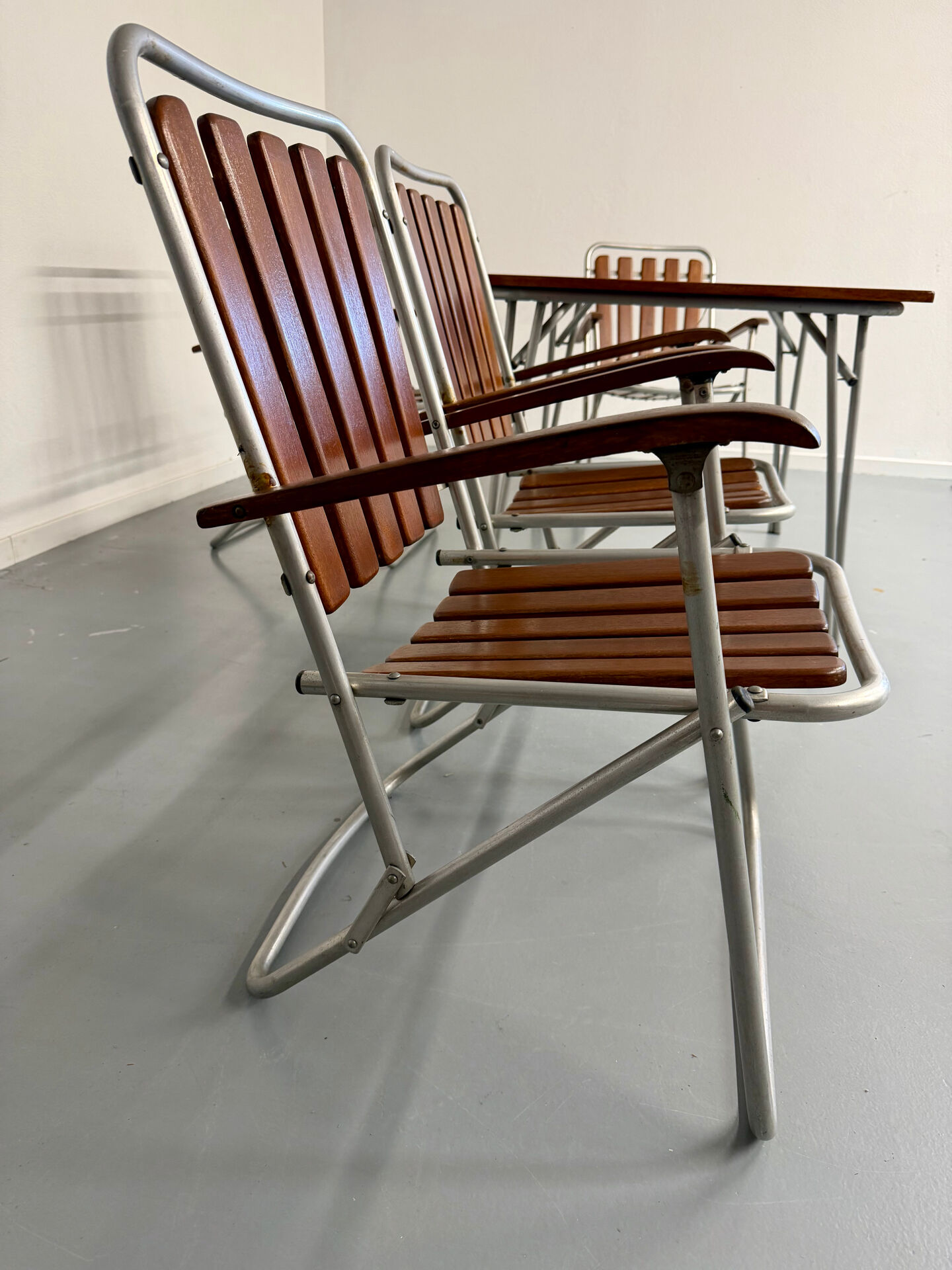 Vintage folding garden set table 4 chairs wood and metal 1960