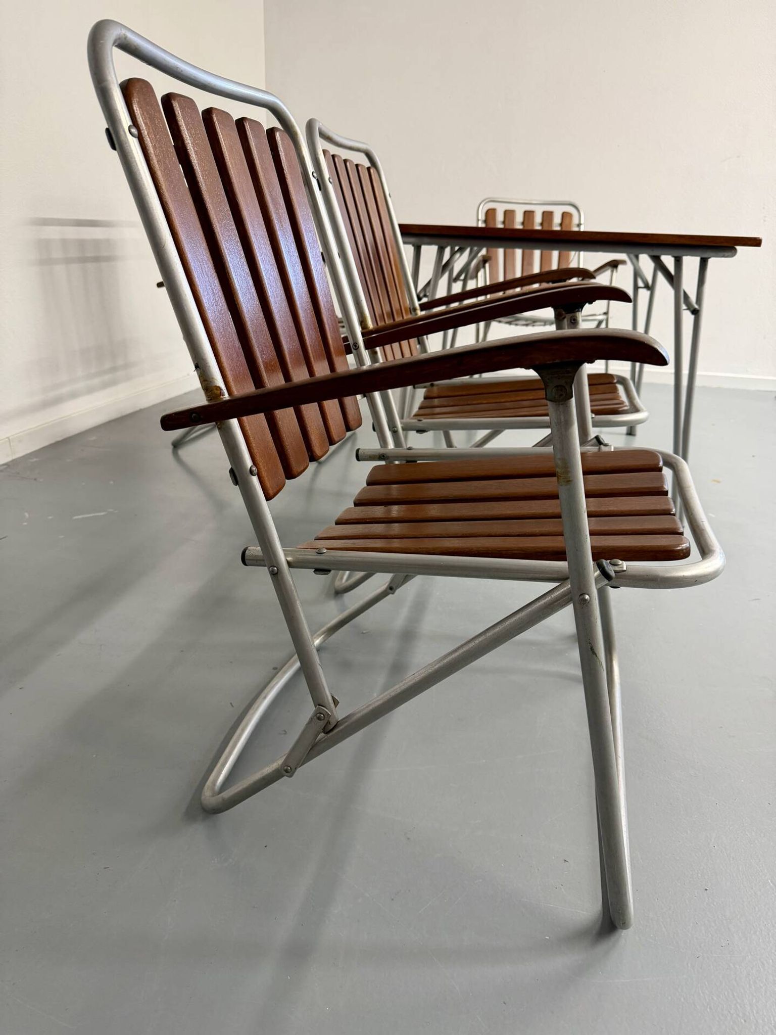 Vintage folding garden set table 4 chairs wood and metal 1960