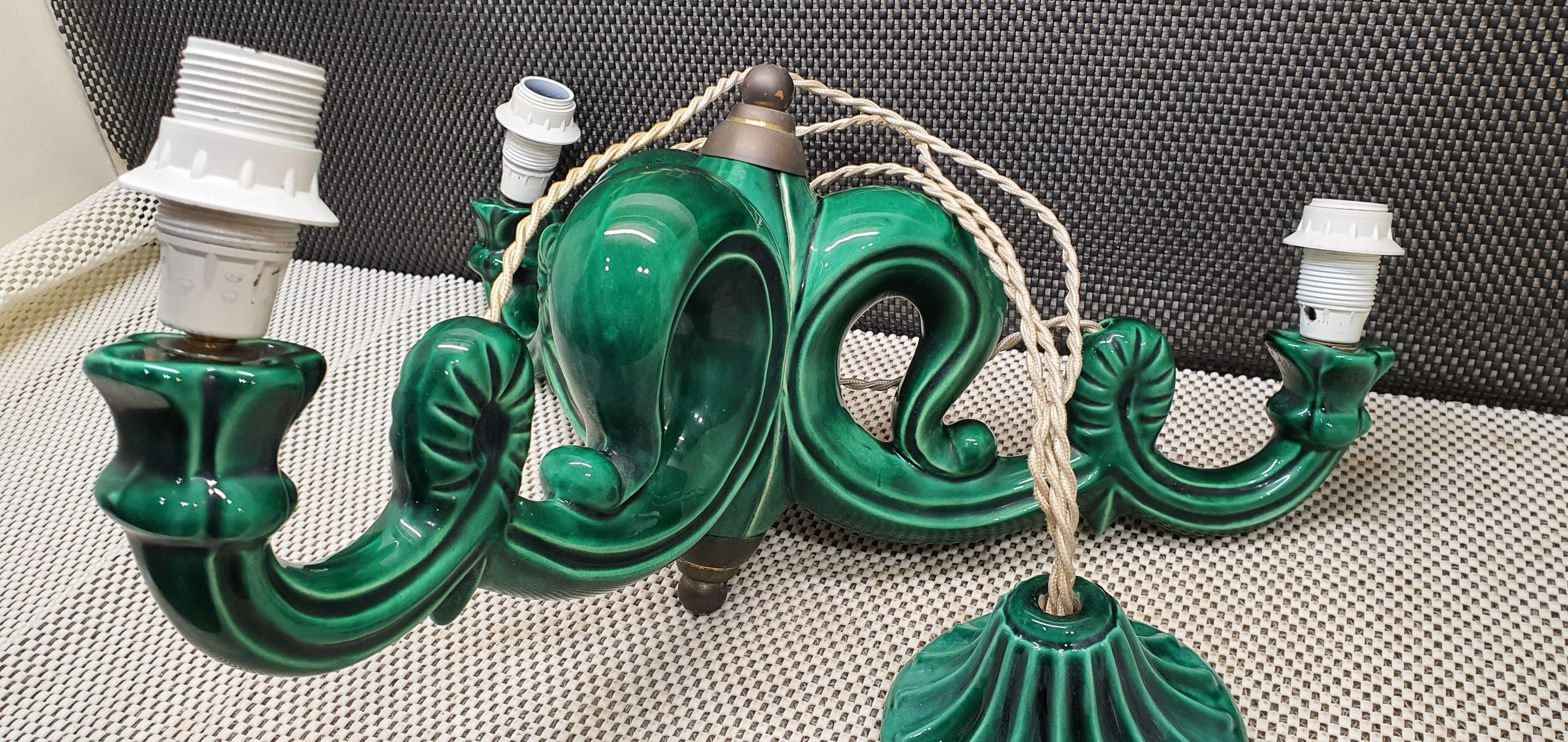 Chandelier 3 arms ceramic green art deco