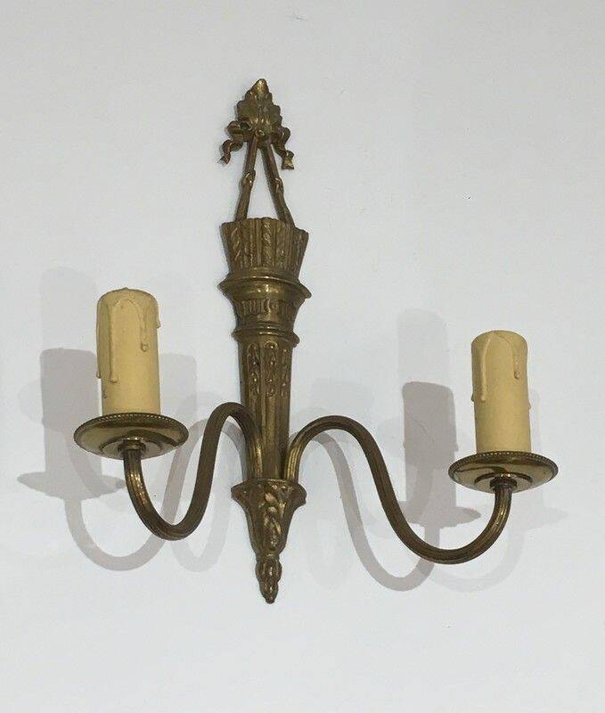 Pair of Louis XVI style bronze wall sconces with quivers and ribbons