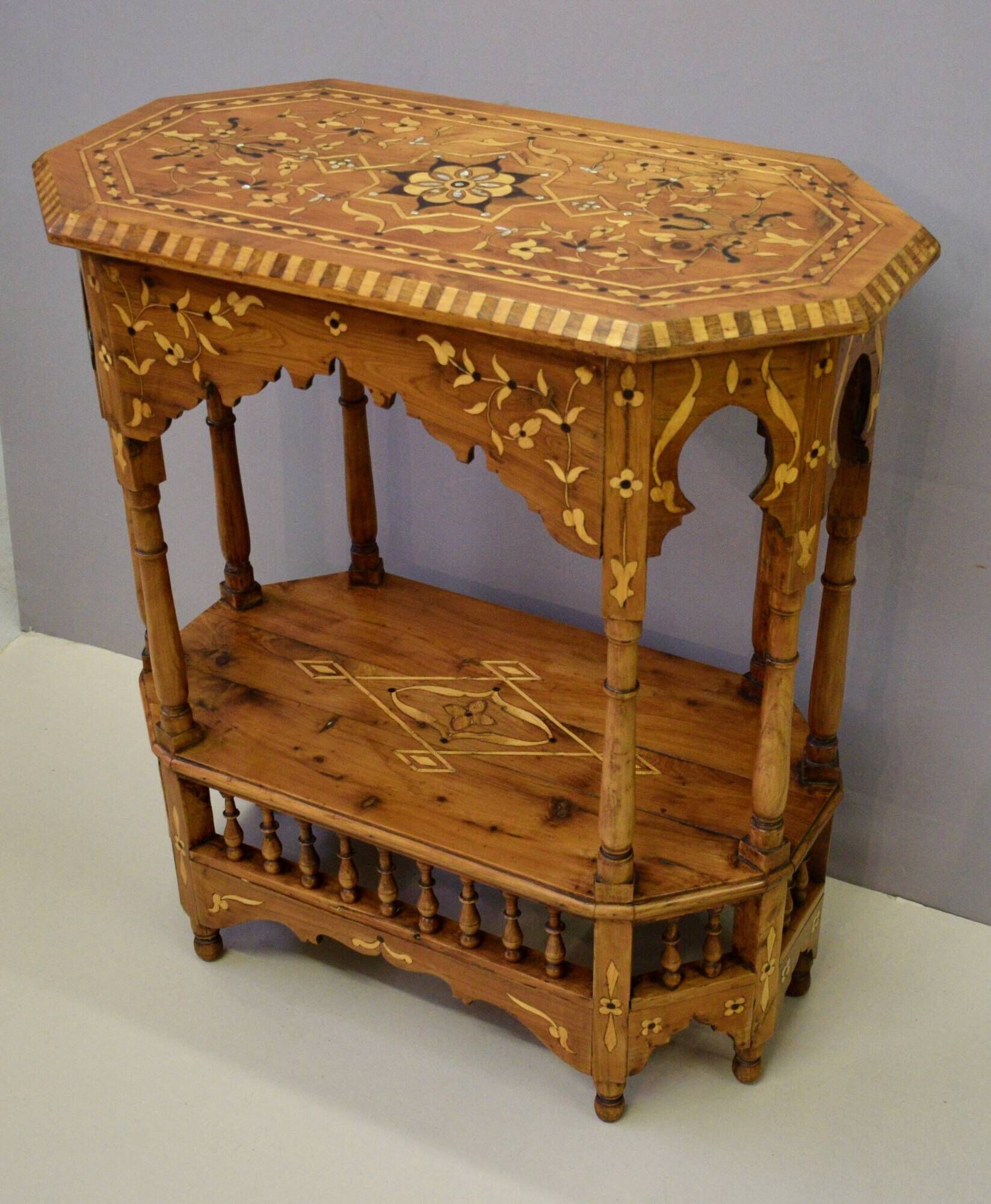 Oriental pedestal table in hexagonal shape made of cedar wood and marquetry