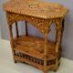 Oriental pedestal table in hexagonal shape made of cedar wood and marquetry