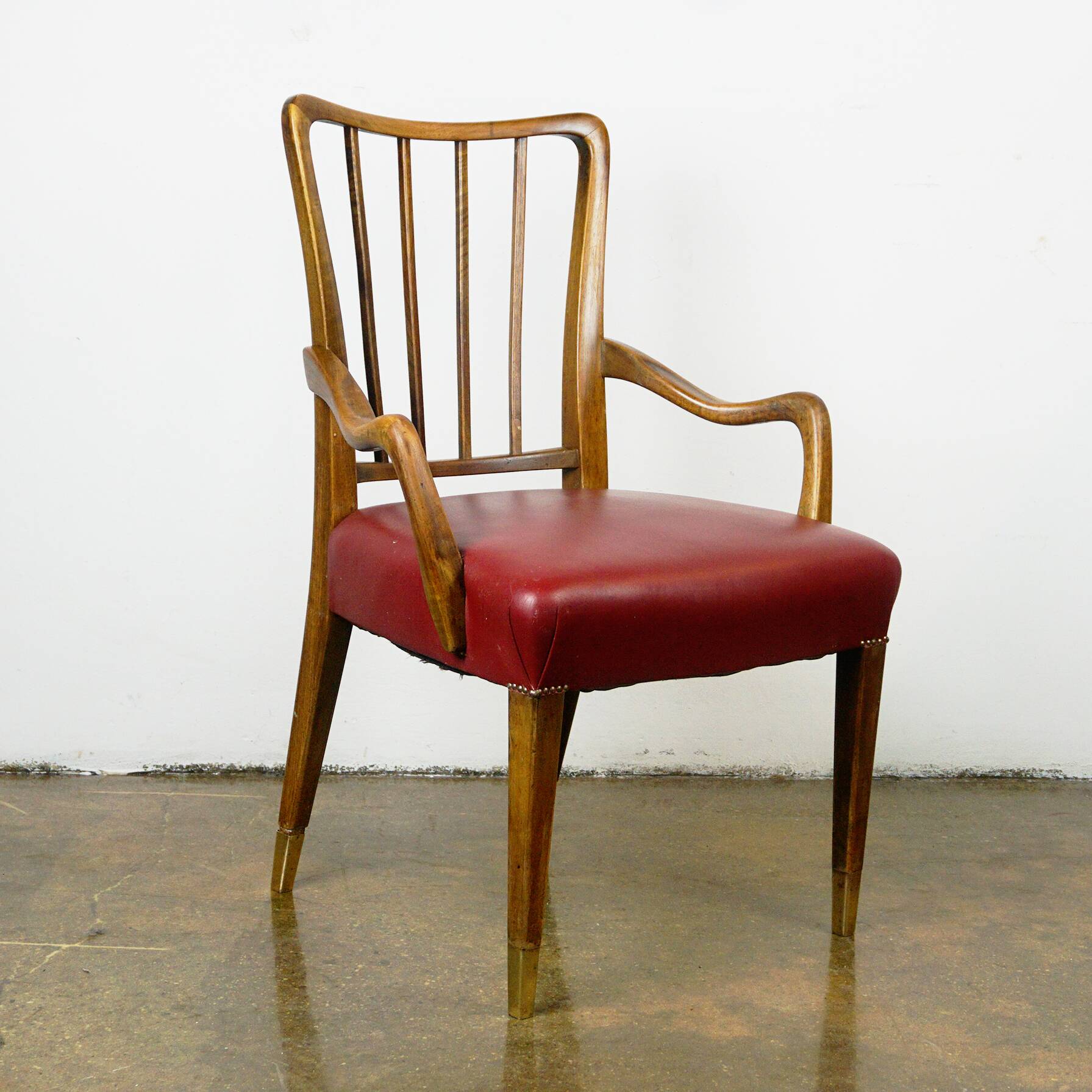 Austrian Dining Chairs in Walnut and Red Leather by Oswald Haerdtl from the Mid-Century