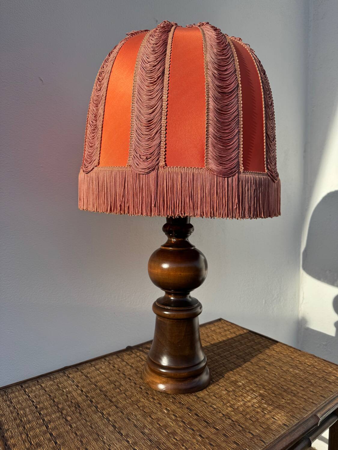 Large 1960s bell-shaped lamp with fringed shade