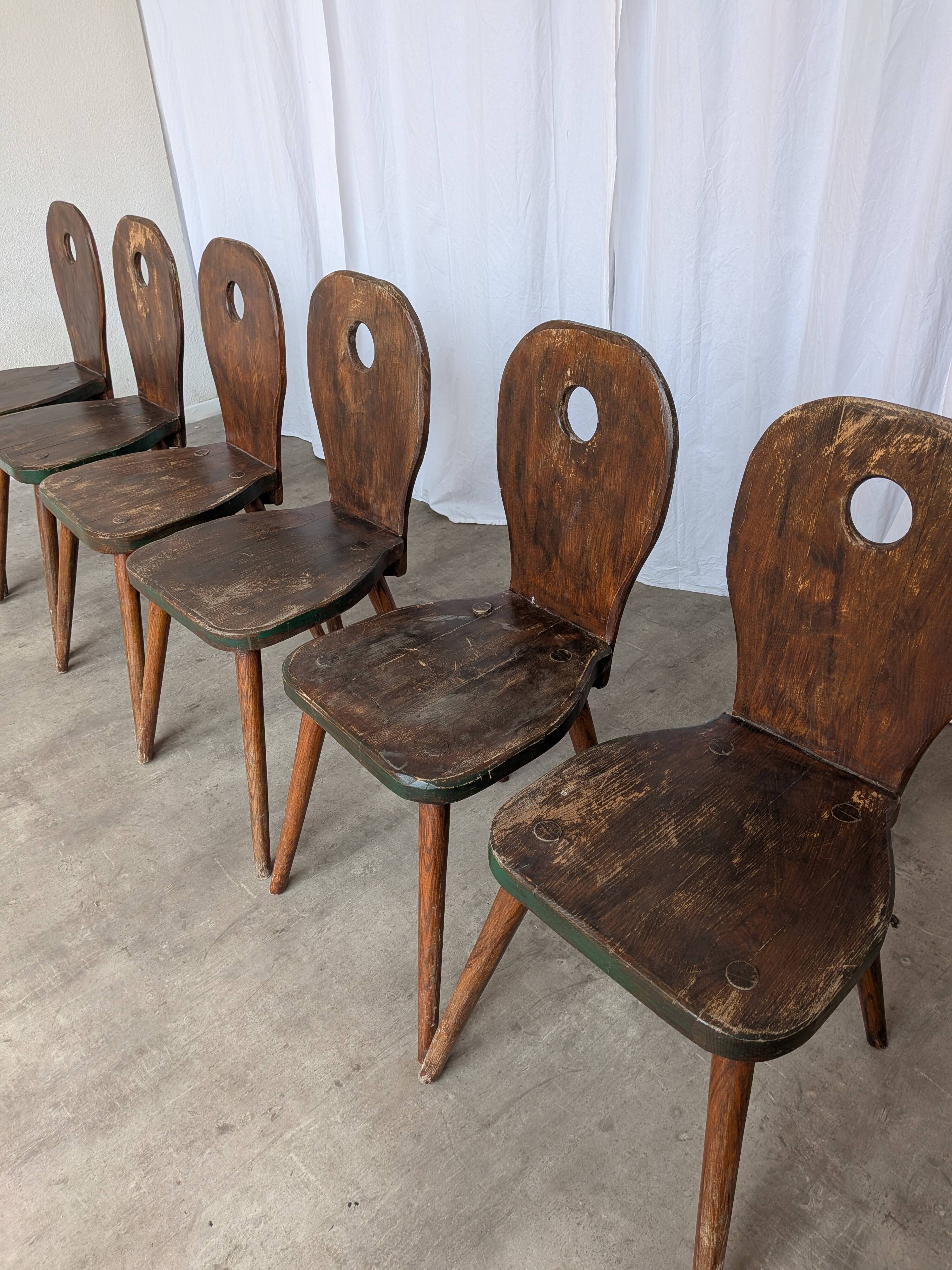 Set of 6 Vintage Brutalist Wooden Chair / Rustic Farmhouse Dining Chair