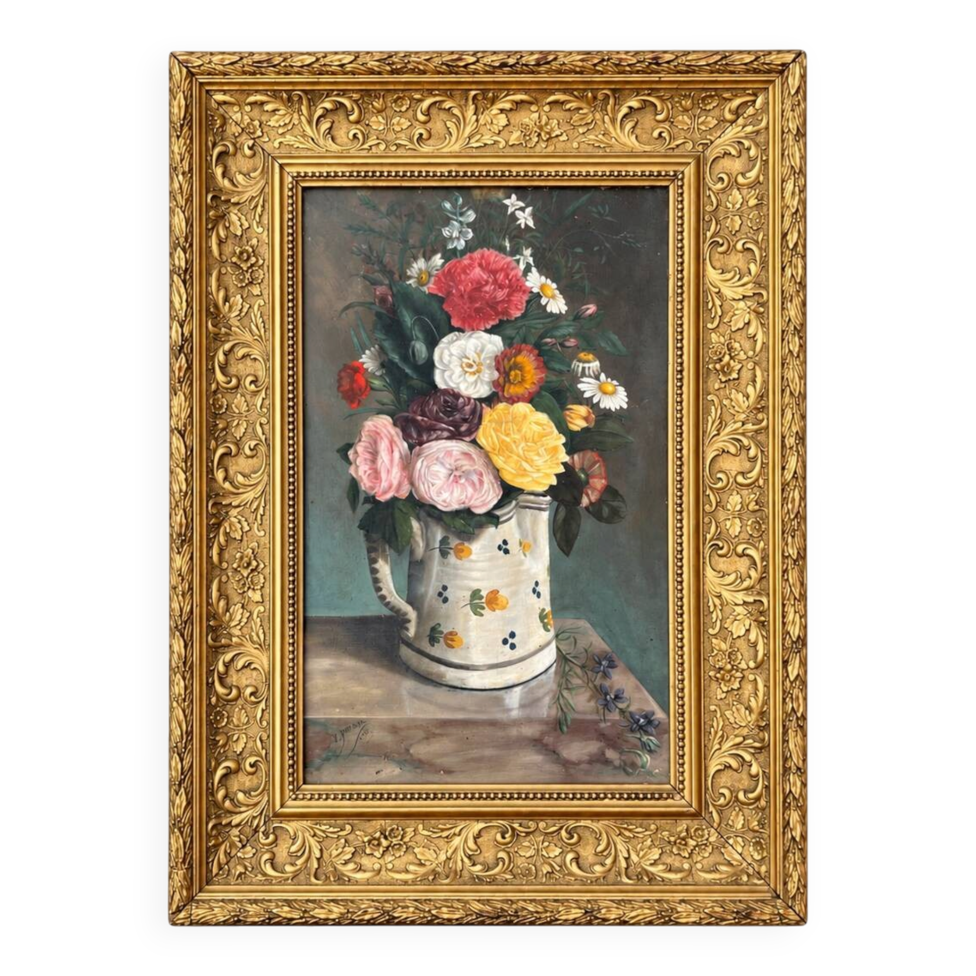 Oil on canvas, old, signed P. Perrisse, dated 1888, bouquet of flowers.