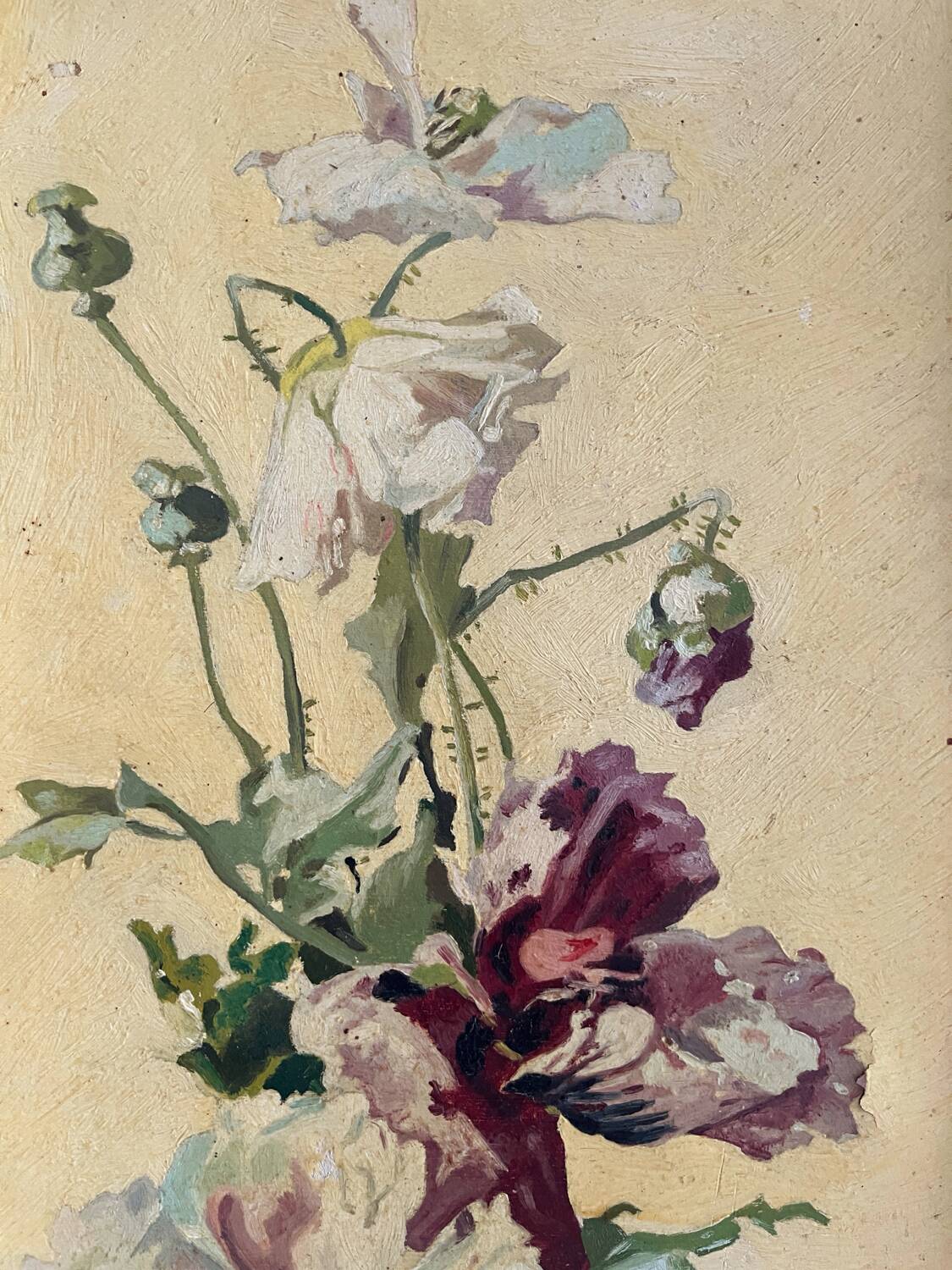 Peinture ancienne huile sur carton verticale fleurs pavots