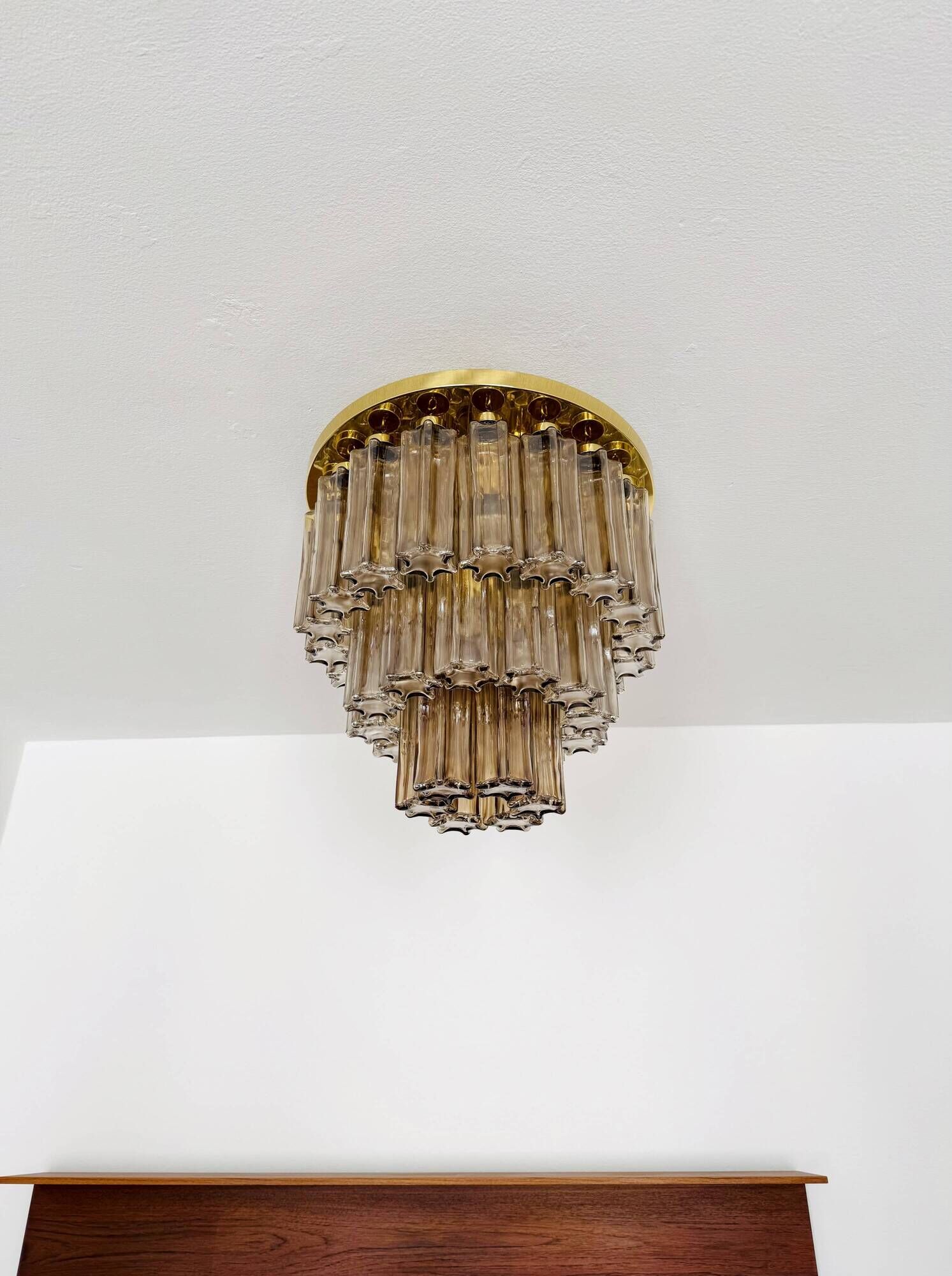 Brass and Smoked Glass Chandelier by Glashütte Limburg