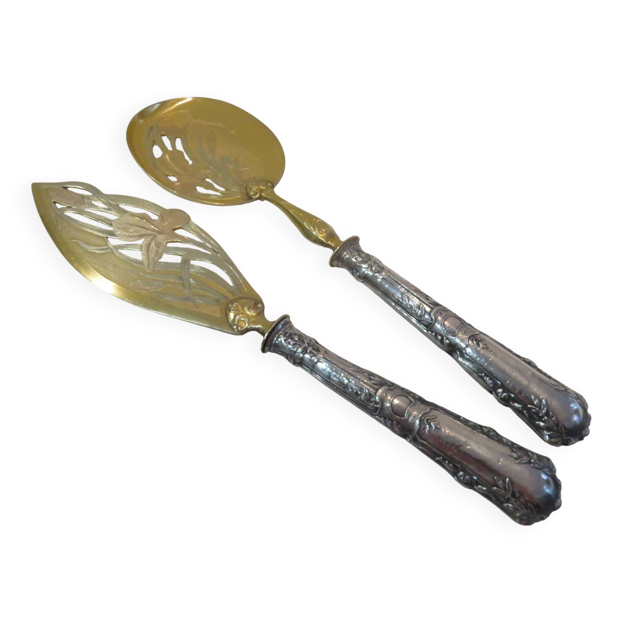 Ice cream serving cutlery in 950 silver and gilded metal, St LXVI and Art Nouveau style