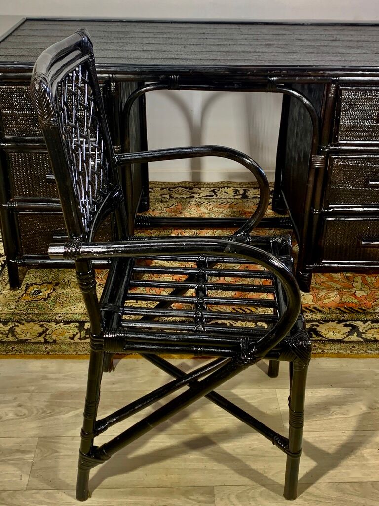 Desk and office chair in bamboo and black lacquered rattan, 60s, 70s
