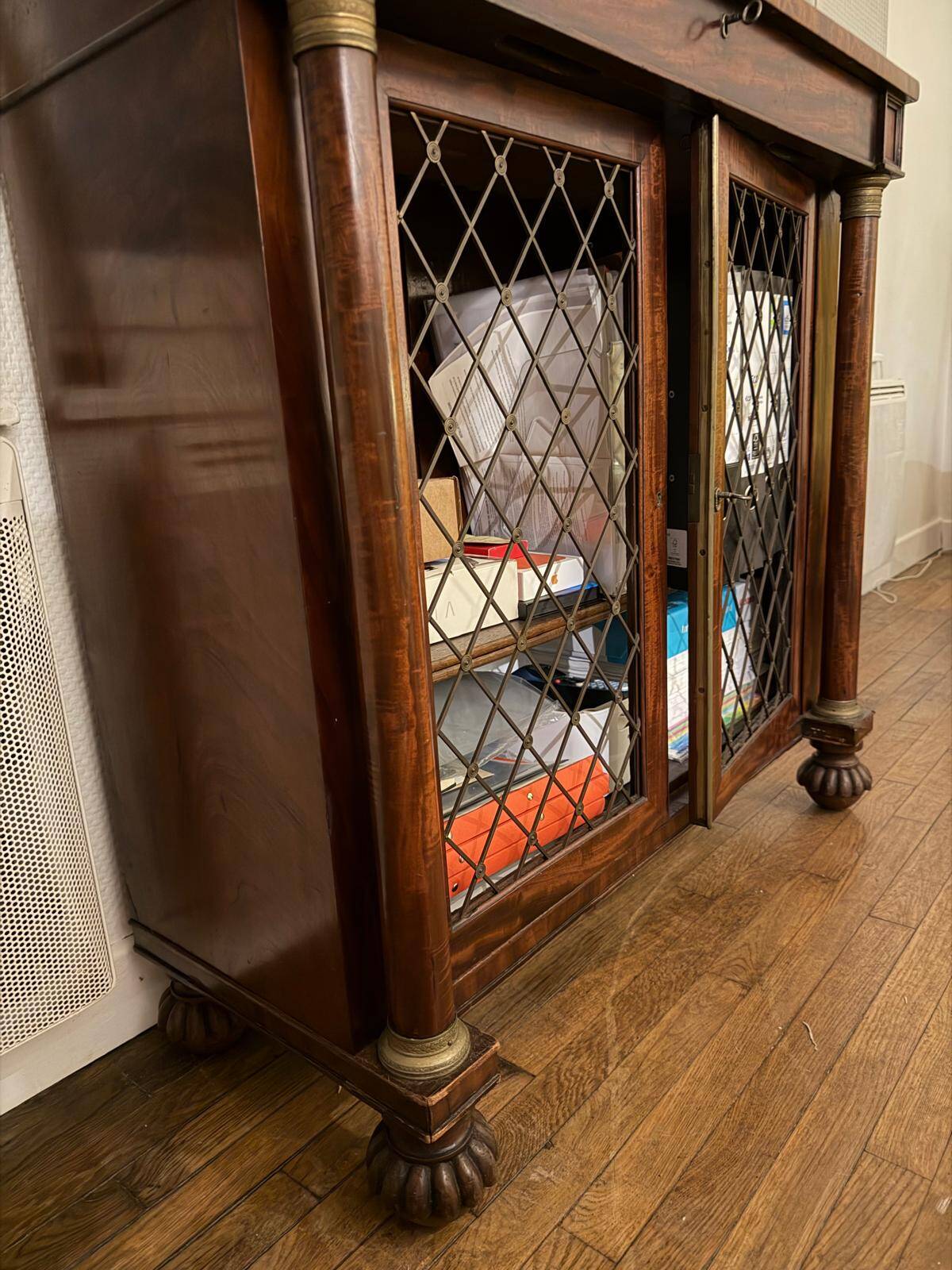 Antique wooden sideboard with shelves and mesh doors – 19th century style