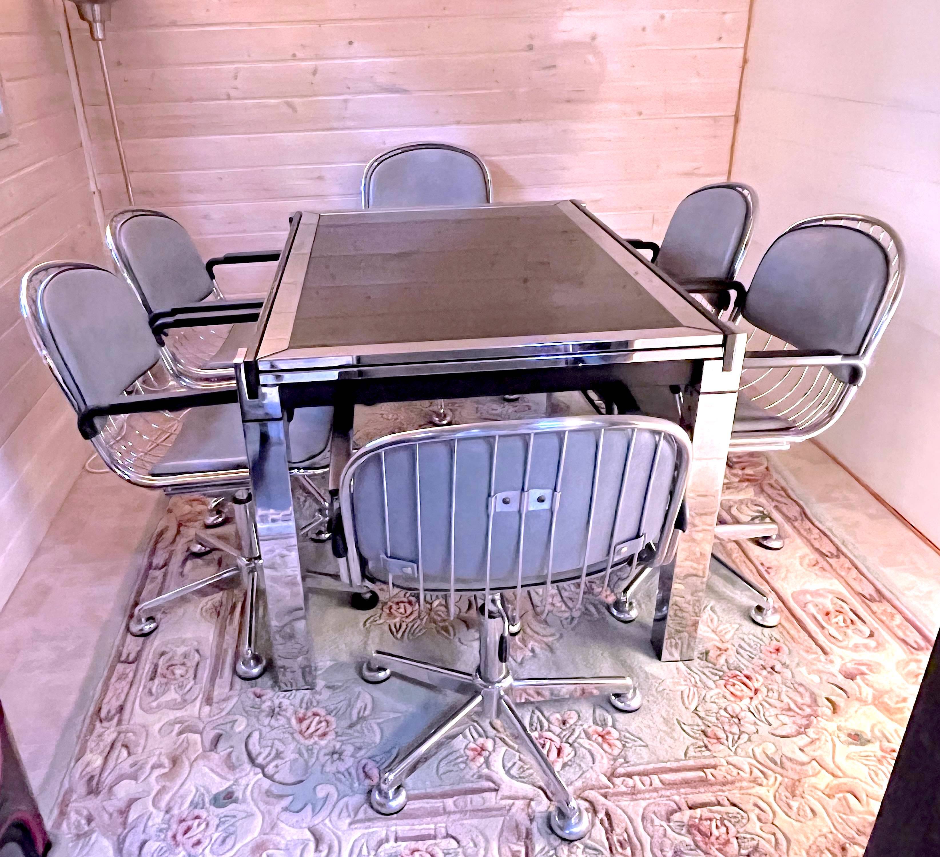 Chrome dining room set, La Metal Arredo and Moltoni&Co, 6 chrome chairs and table, Italy