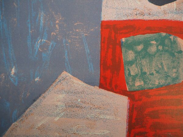 Serge poliakoff : composition rose et rouge - lithographie originale