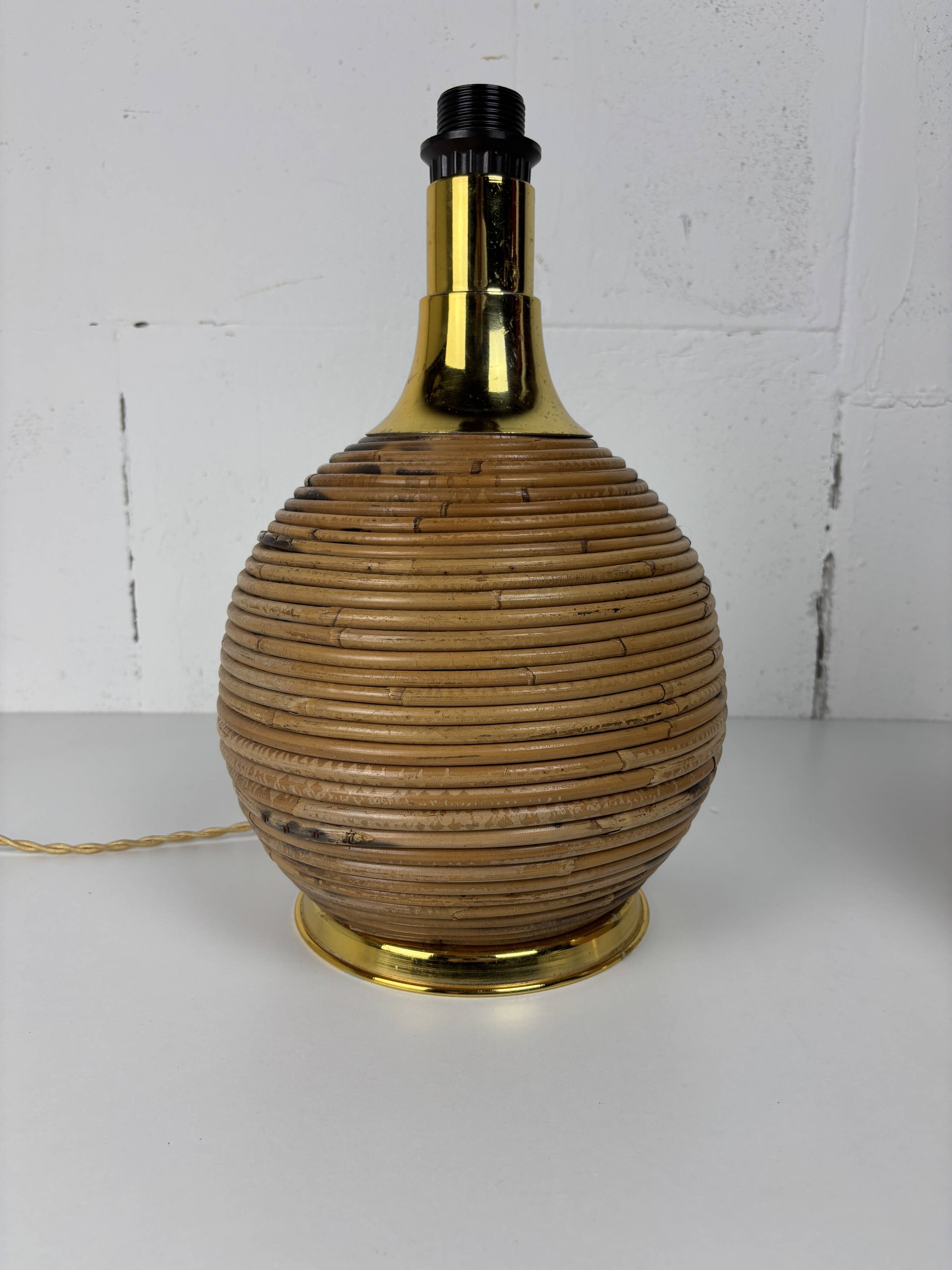 Large midcentury pencil reed rattan bamboo and brass table lamp Italy 1970s