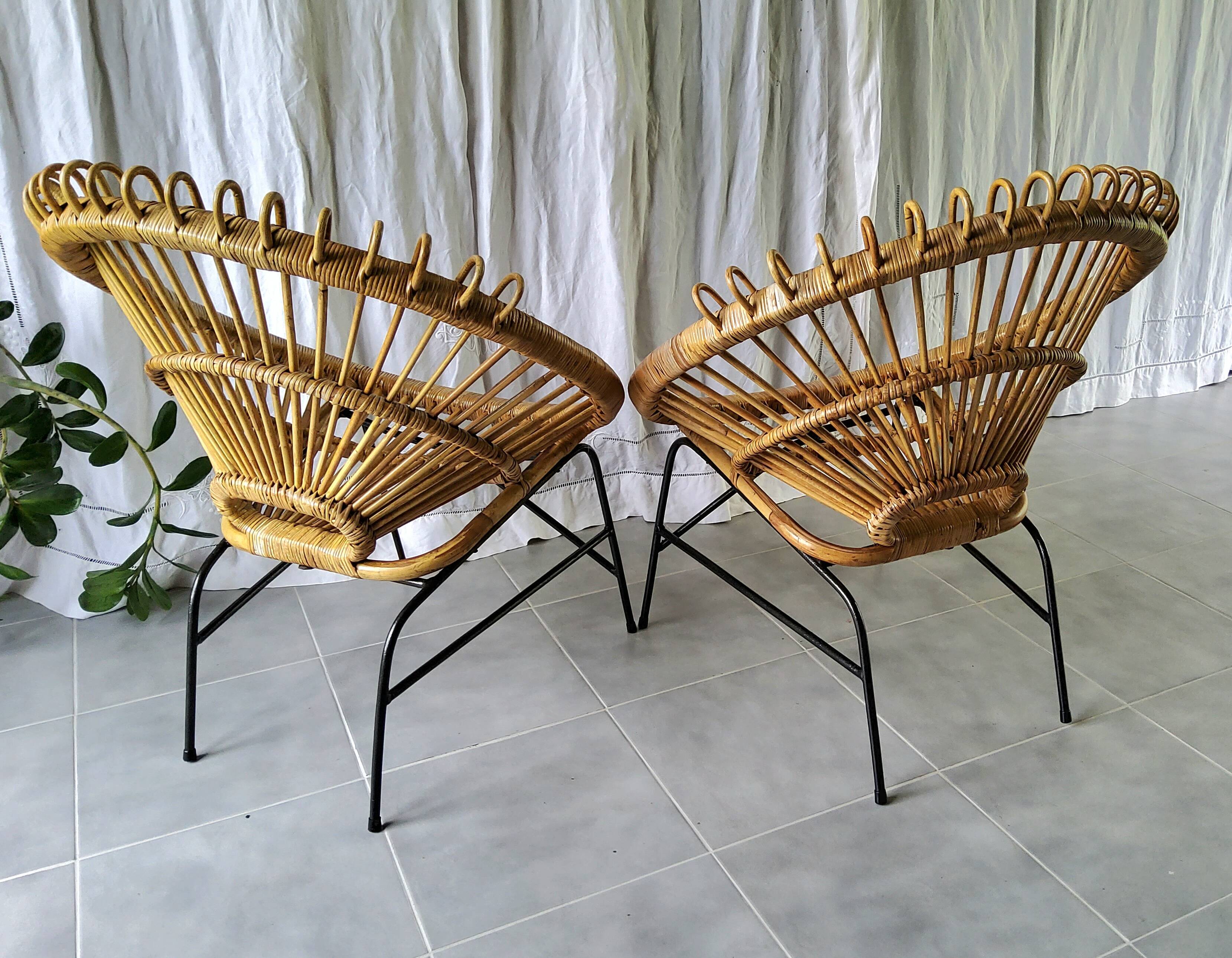 Pair of 60s rattan armchairs