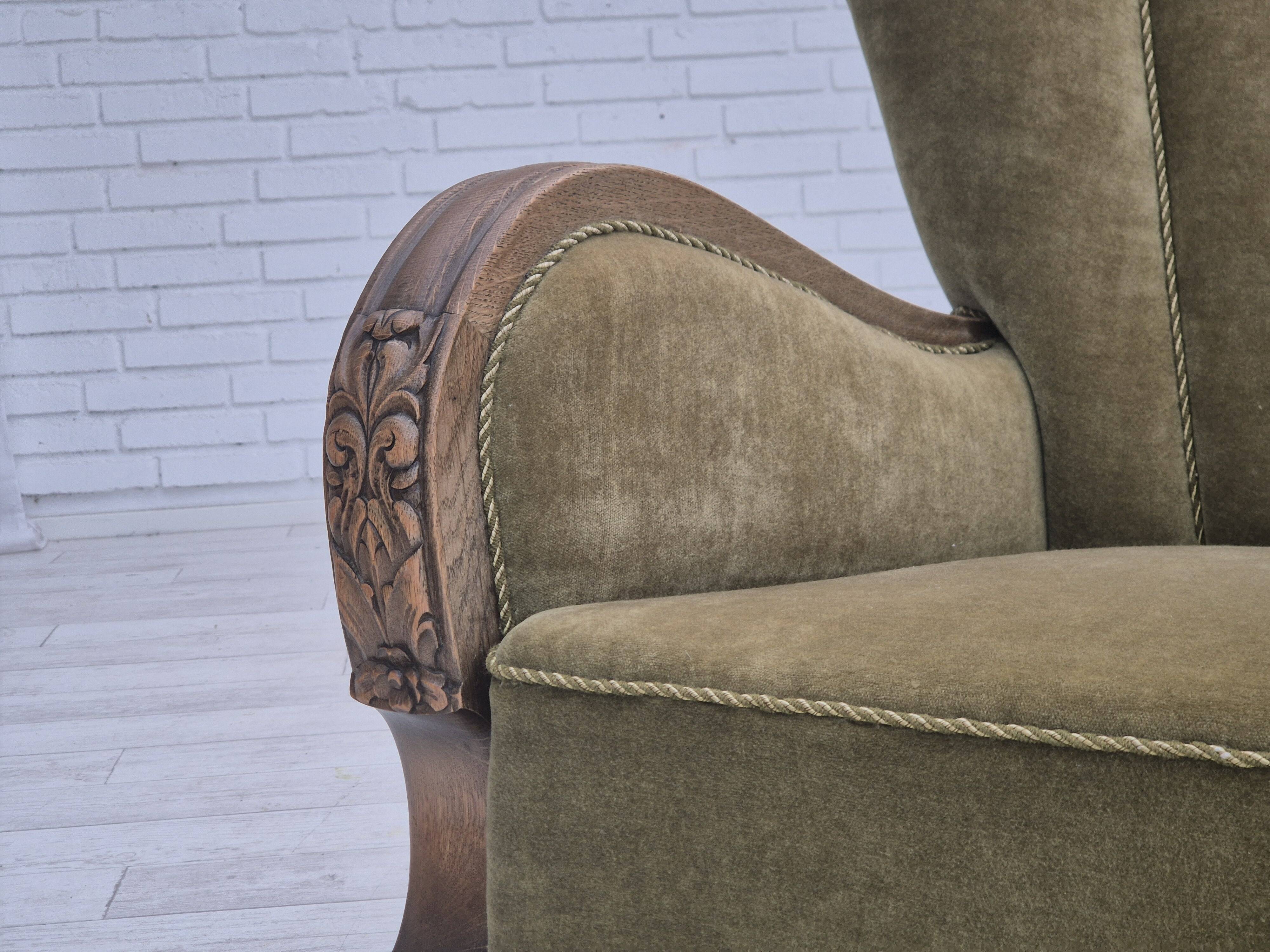 1960s, Danish relax armchair, green furniture velour fabric, oak wood.