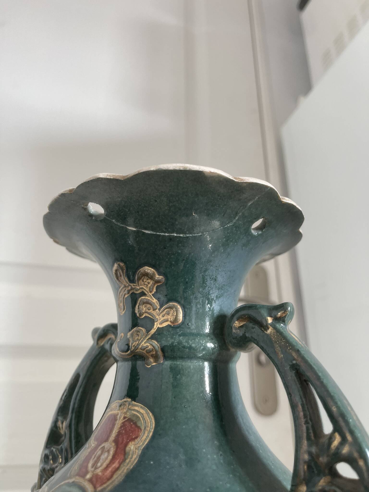 Antique Pair of Japanese Green Moriage Vases Baluster Amphora Flowers Restored