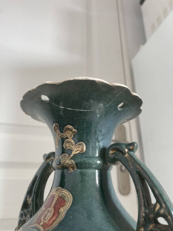 Ancien Paire de Vase Japonais Vert Moriage Balustre Amphore Fleurs Restauré