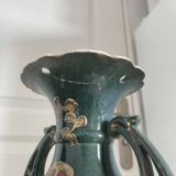 Antique Pair of Japanese Green Moriage Vases Baluster Amphora Flowers Restored