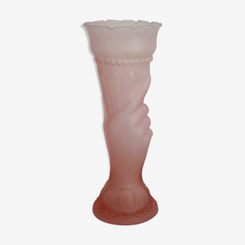 Vase art déco rose main flambeau  verre dépoli