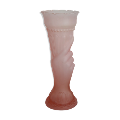 Vase art déco rose main flambeau  verre dépoli