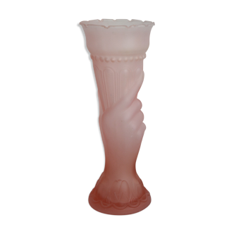 Vase art déco rose main flambeau  verre dépoli