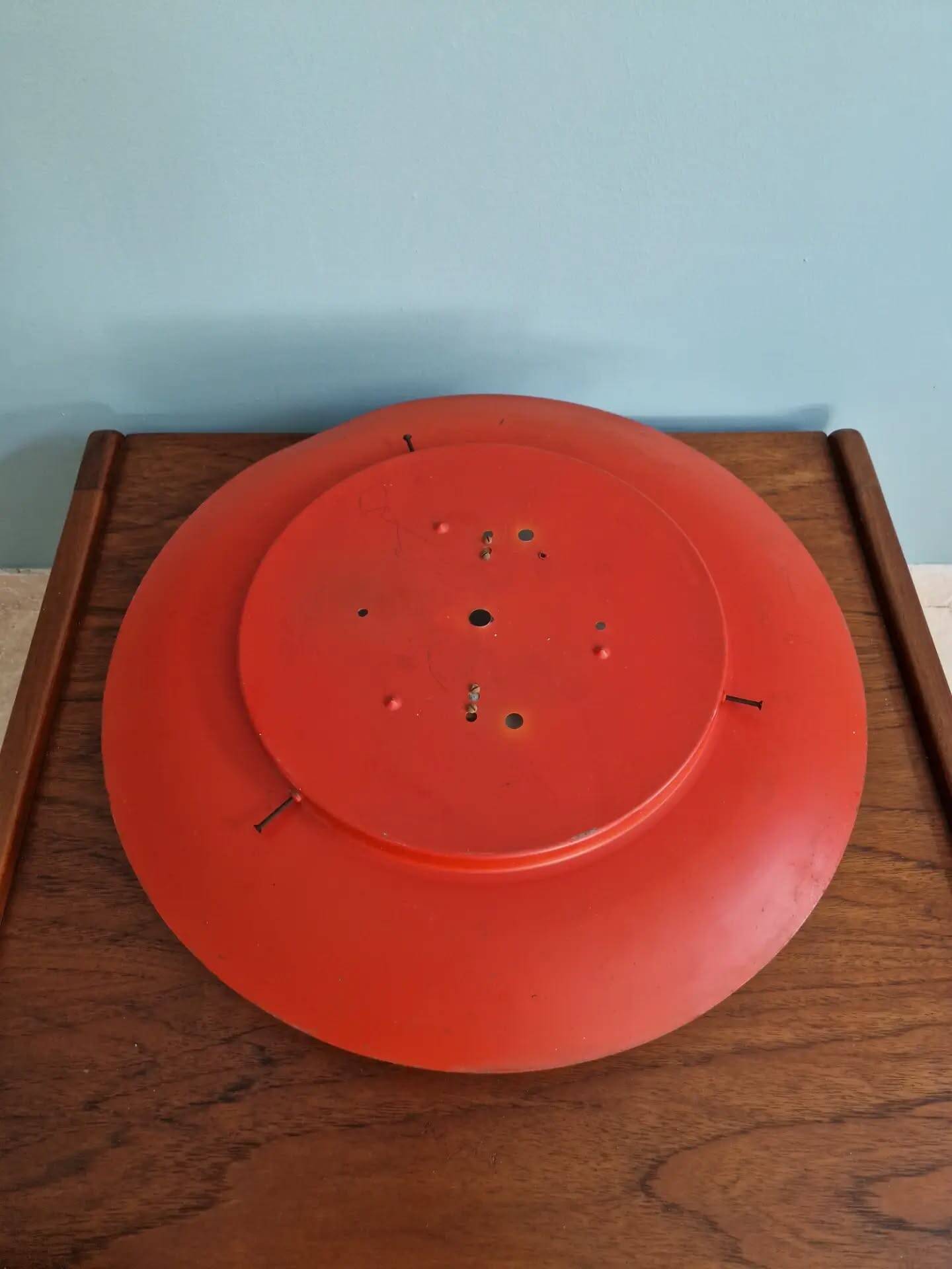 Pair of XXL Space Age wall sconces, orange lacquered metal and opaline, 1960.