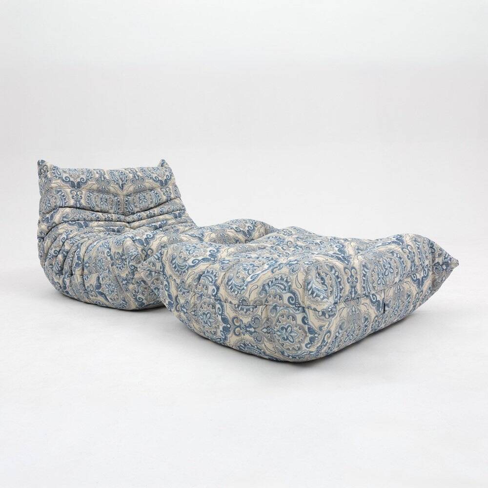 Togo lounge chair and pouf in patterned fabric by Michel Ducaroy for Ligne Roset, 1973, set of 2