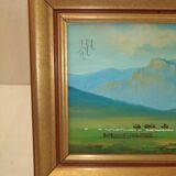 Mongolia landscape painting Signed golden frame