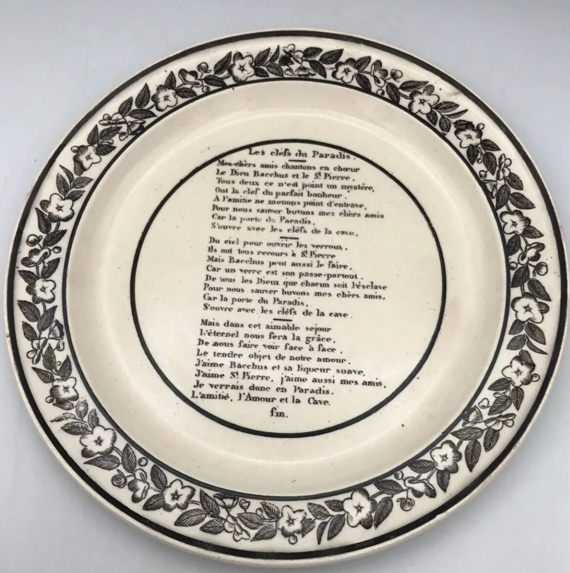 Set of 6 antique plates in fine earthenware with printed decoration of grisailles and poems