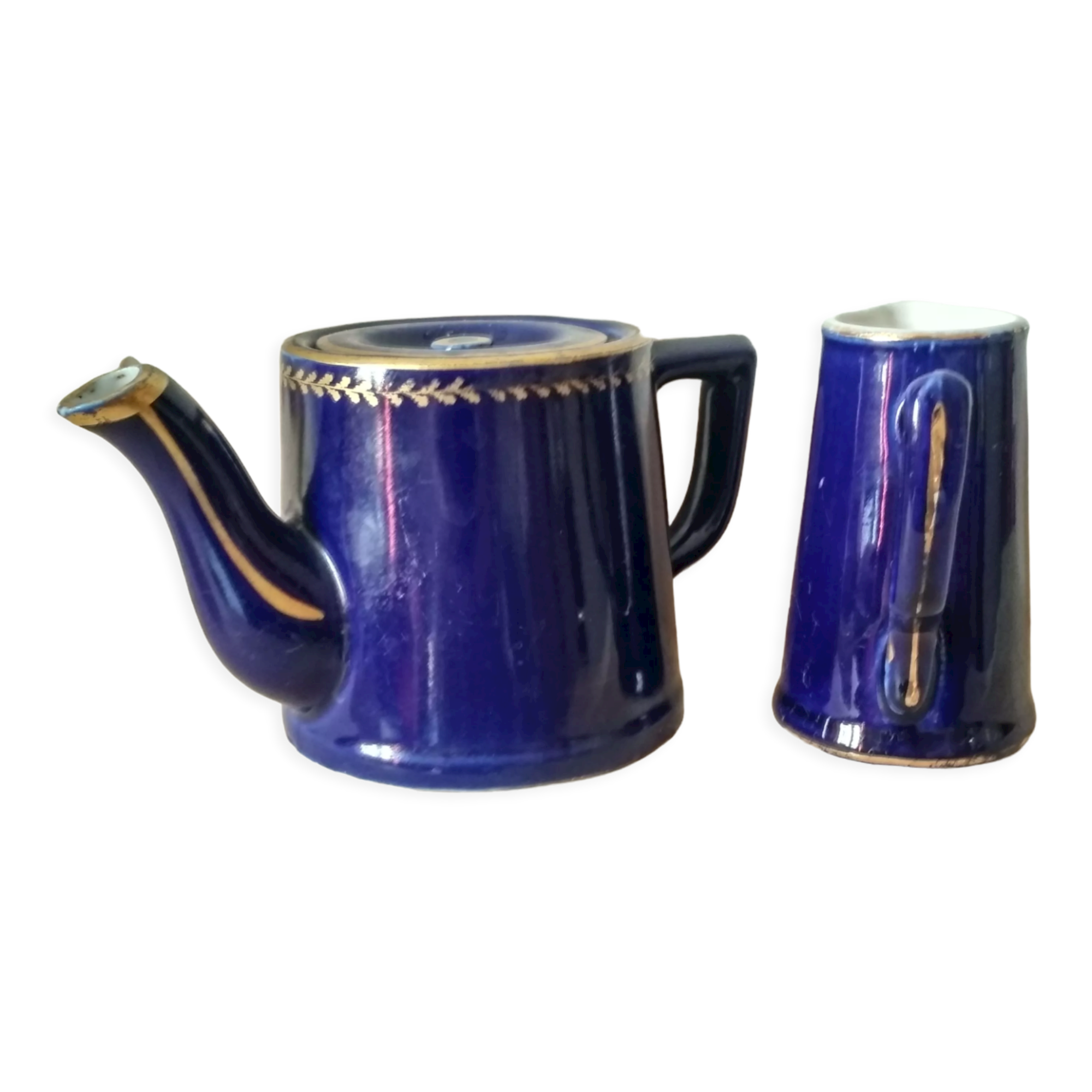 Small blue and gold teapot - milk pitcher - cobalt blue earthenware 1930