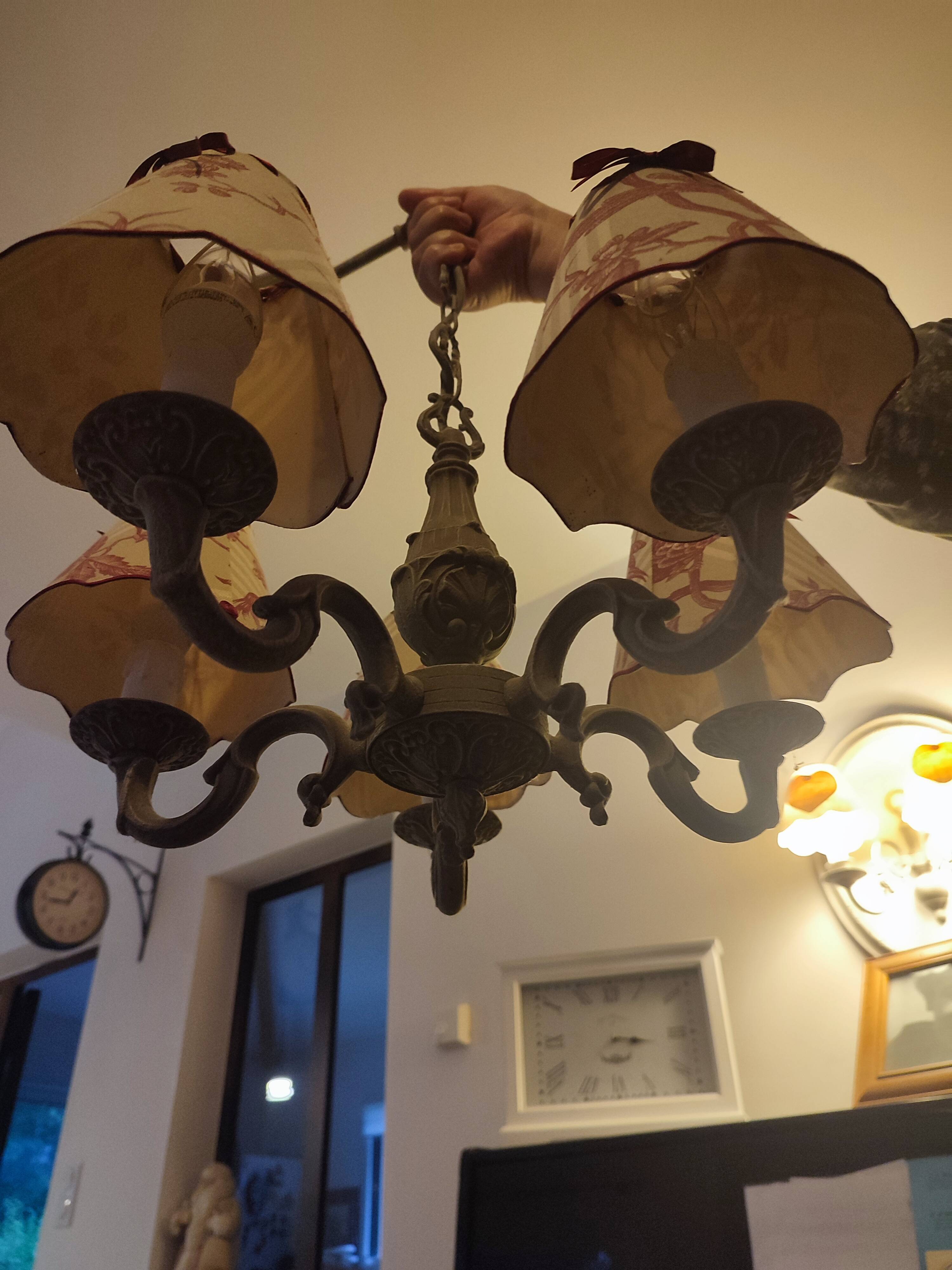 Lustre with 5 branches in bronze and grey, Gustavo style, lampshade in toile de Jouy.