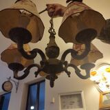 Lustre with 5 branches in bronze and grey, Gustavo style, lampshade in toile de Jouy.