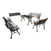 Salon de jardin, table, 3 bancs et 2 fauteuils en fonte et bois